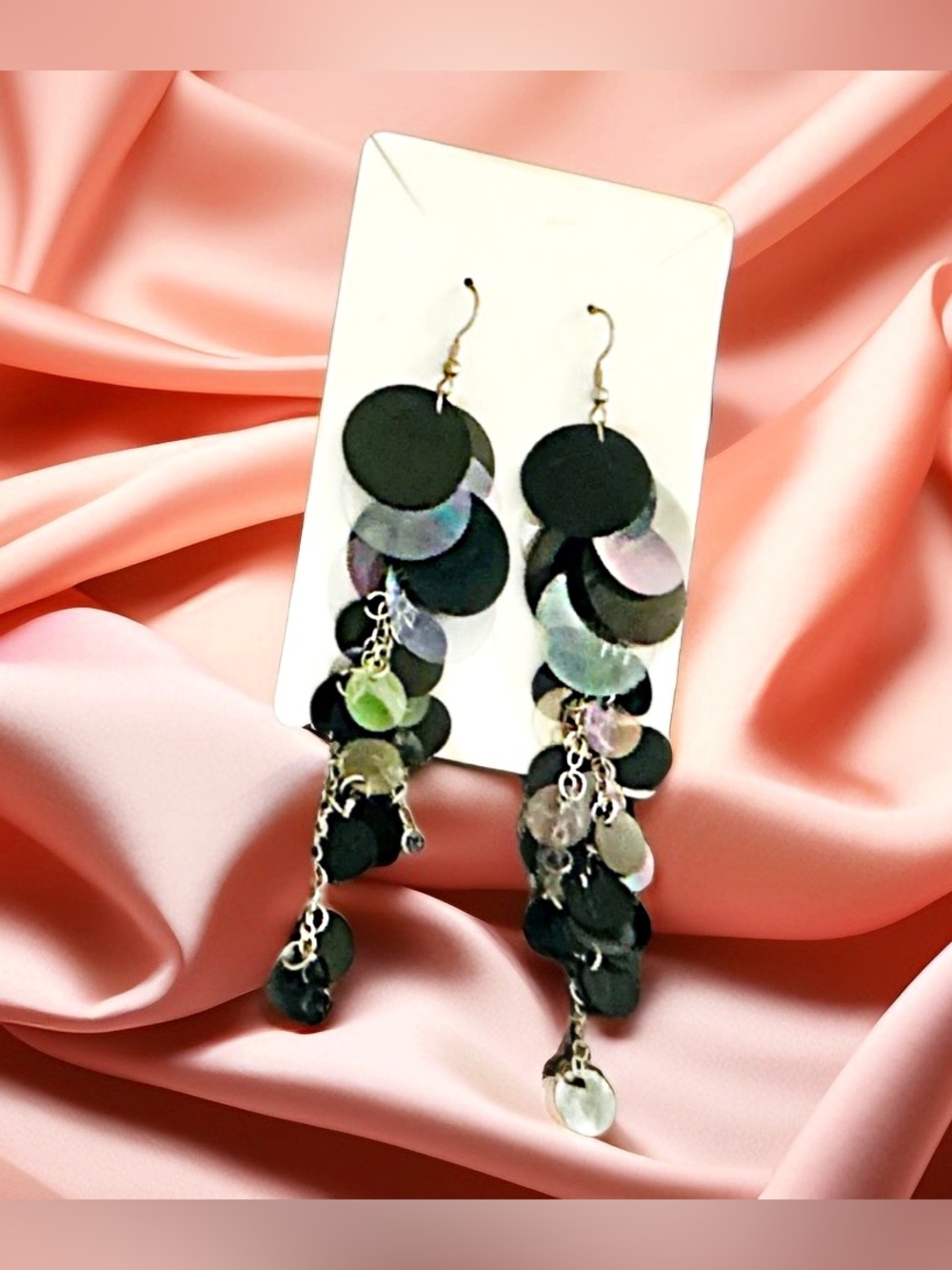 Elegant Black Iridescent Disc Drop Earrings - Women Jewelry